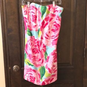 Lilly Pulitzer watercolor floral strapless dress.